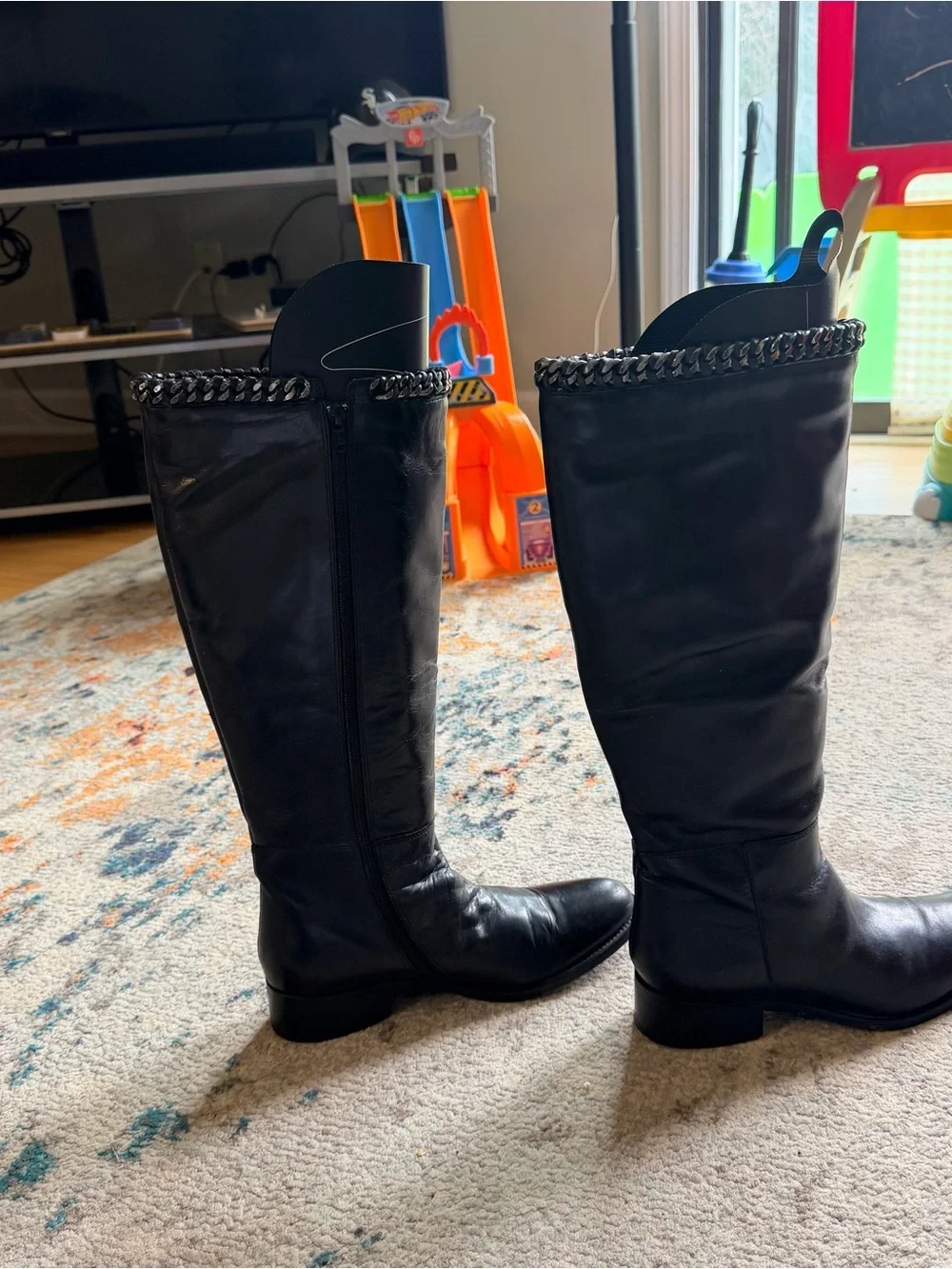 Johnston & Murphy Black Leather Tall Boots with Chain Cuff